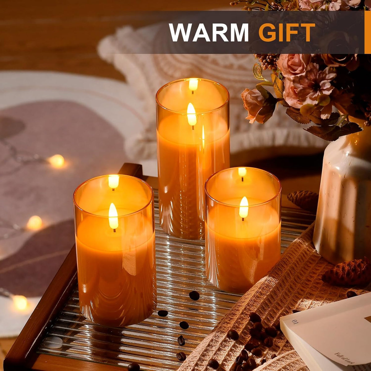Set of 3 Flameless LED Pillar Candles with Remote Control – Gold Glass Candle Holders