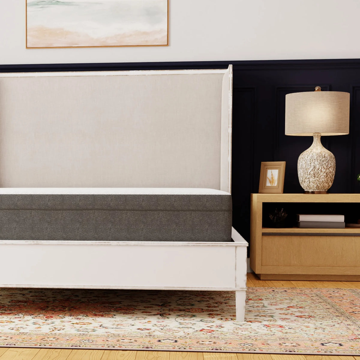 Modern Upholstered Platform Bed Frame – Elegant Fabric Headboard & Solid Wood Base