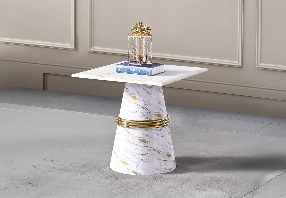 Luxury White Marble Look Side Table with Gold Accent – Modern End Table