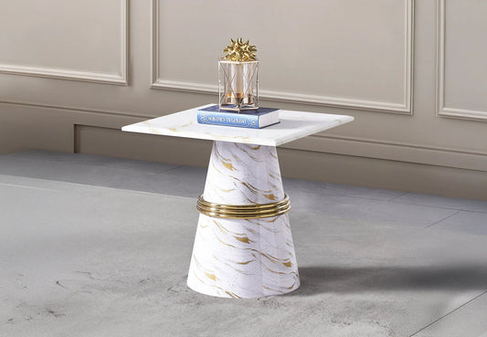 Luxury White Marble Look Side Table with Gold Accent – Modern End Table