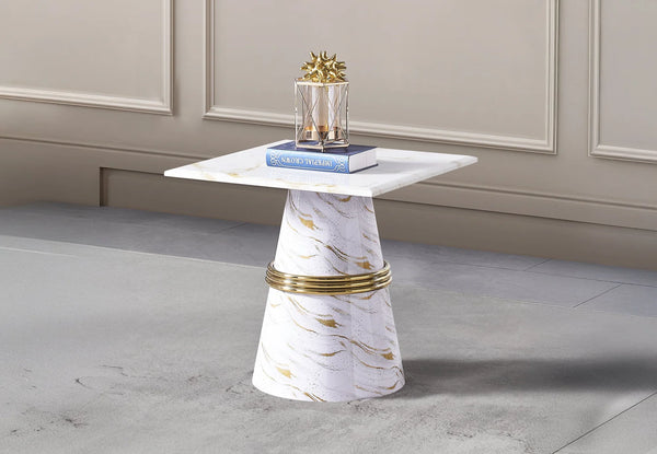 Luxury White Marble Look Side Table with Gold Accent – Modern End Table