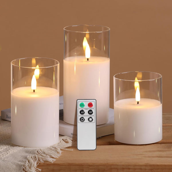 Eywamage Clear Glass Flameless Candles with Remote & Timer – Flickering Battery LED Pillar Candles Set of 3