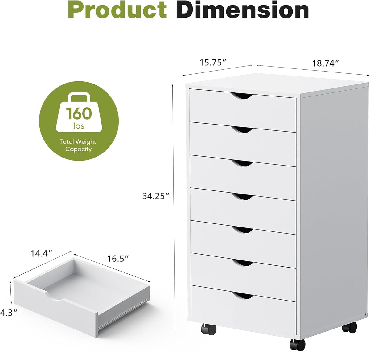 7-Drawer Rolling Storage Cabinet with Wheels – White Office Organizer