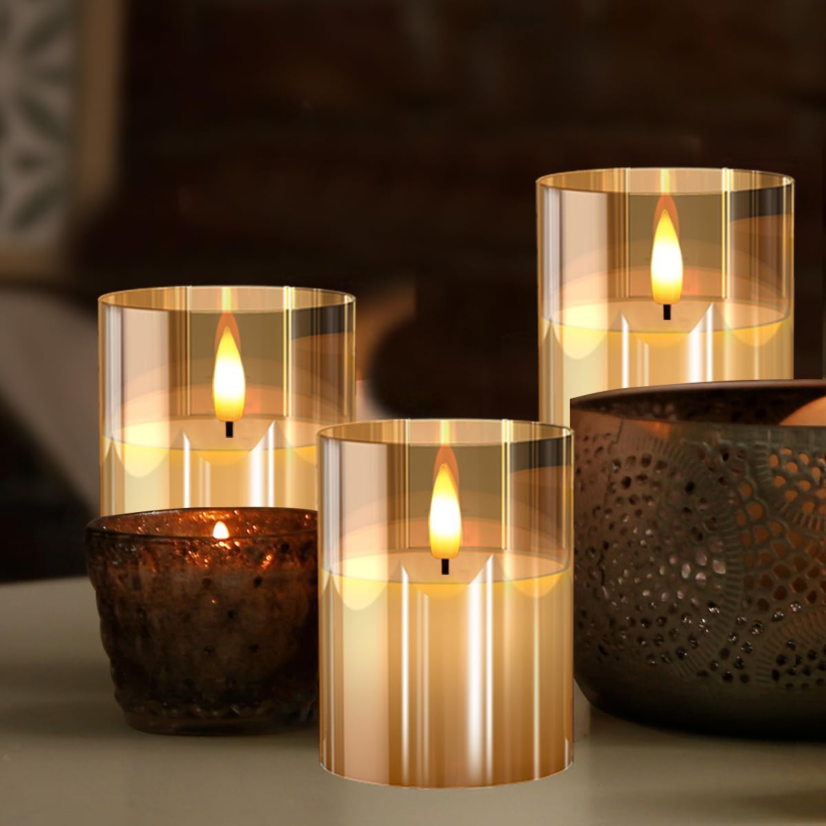 Set of 3 Flameless LED Pillar Candles with Remote Control – Gold Glass Candle Holders