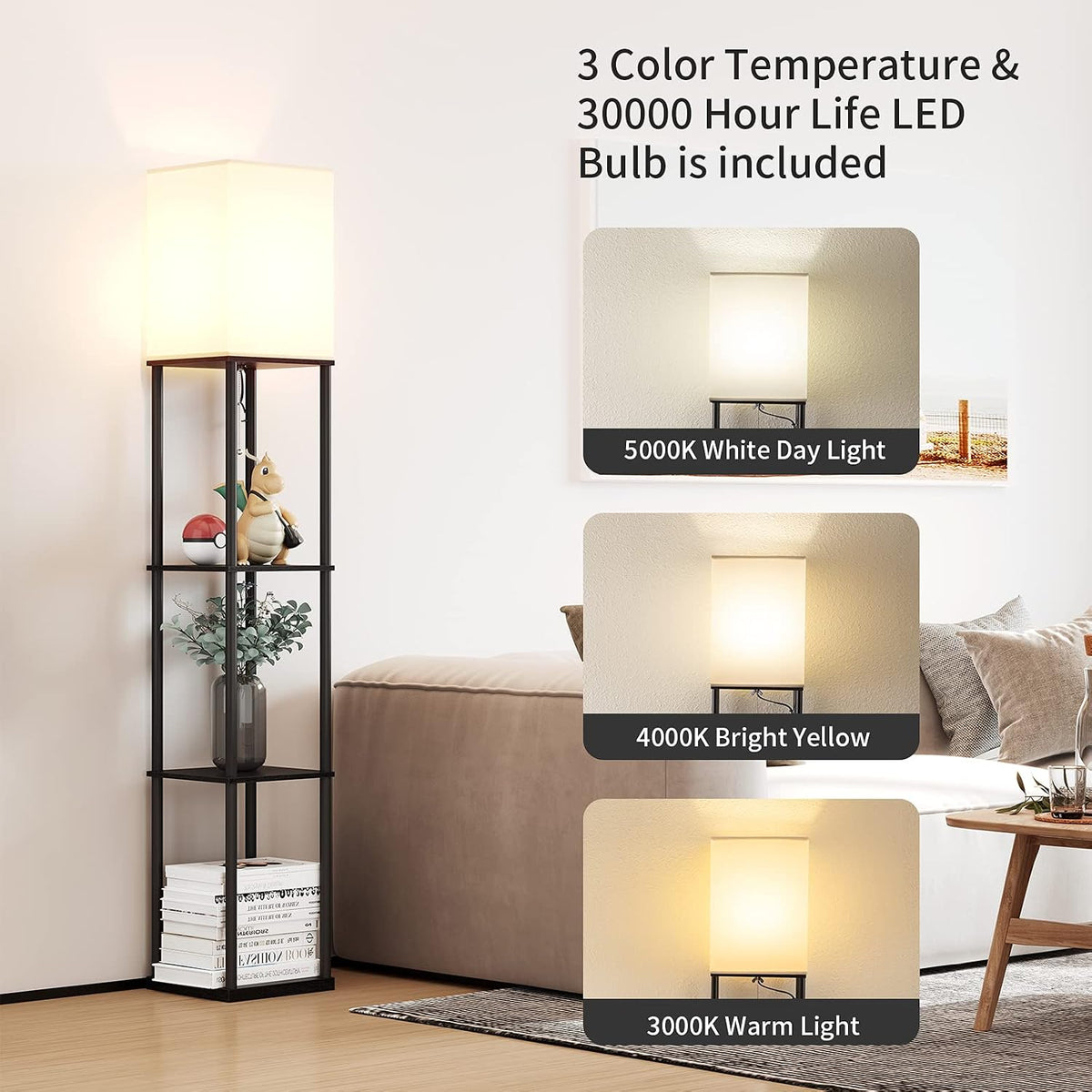 Modern 3-Tier Floor Lamp with Shelves, Black Metal Frame & Fabric Shade