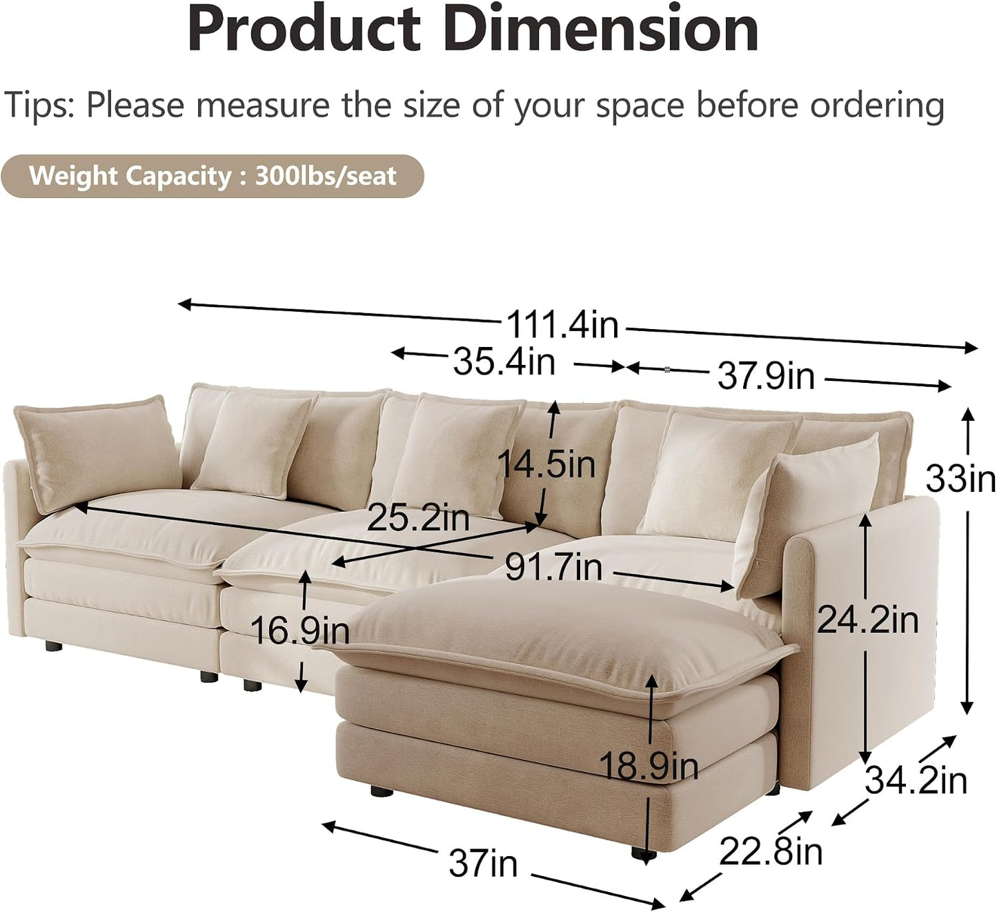 Modern Cream L-Shaped Sectional Sofa with Chaise – Premium Living Room Couch