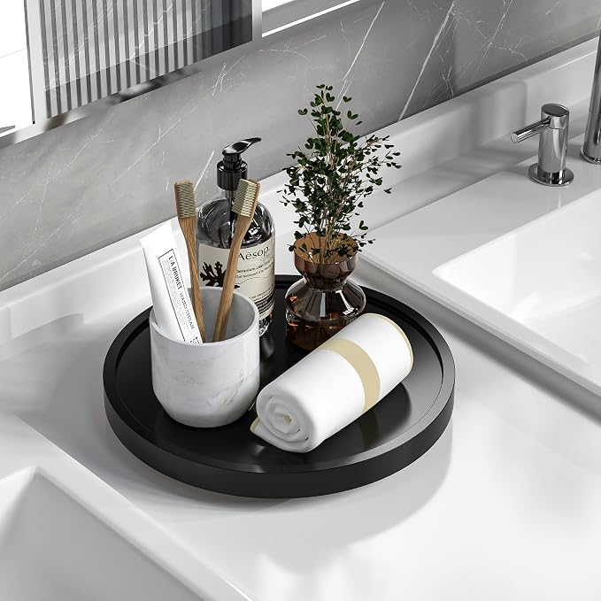 Round Bathroom Countertop Organizer Tray – Black Vanity Storage Tray for Toiletries, Towels & Accessories
