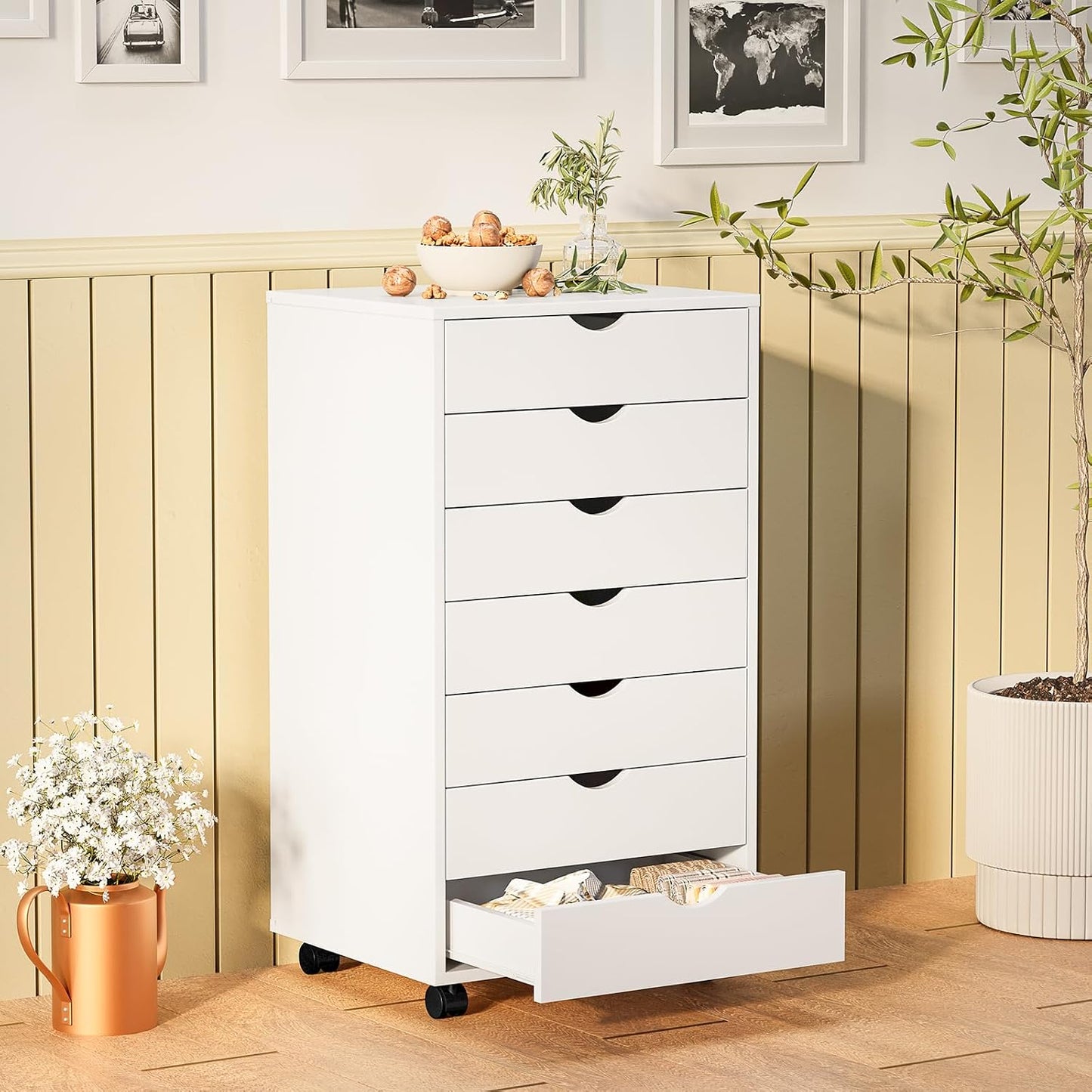 7-Drawer Rolling Storage Cabinet with Wheels – White Office Organizer