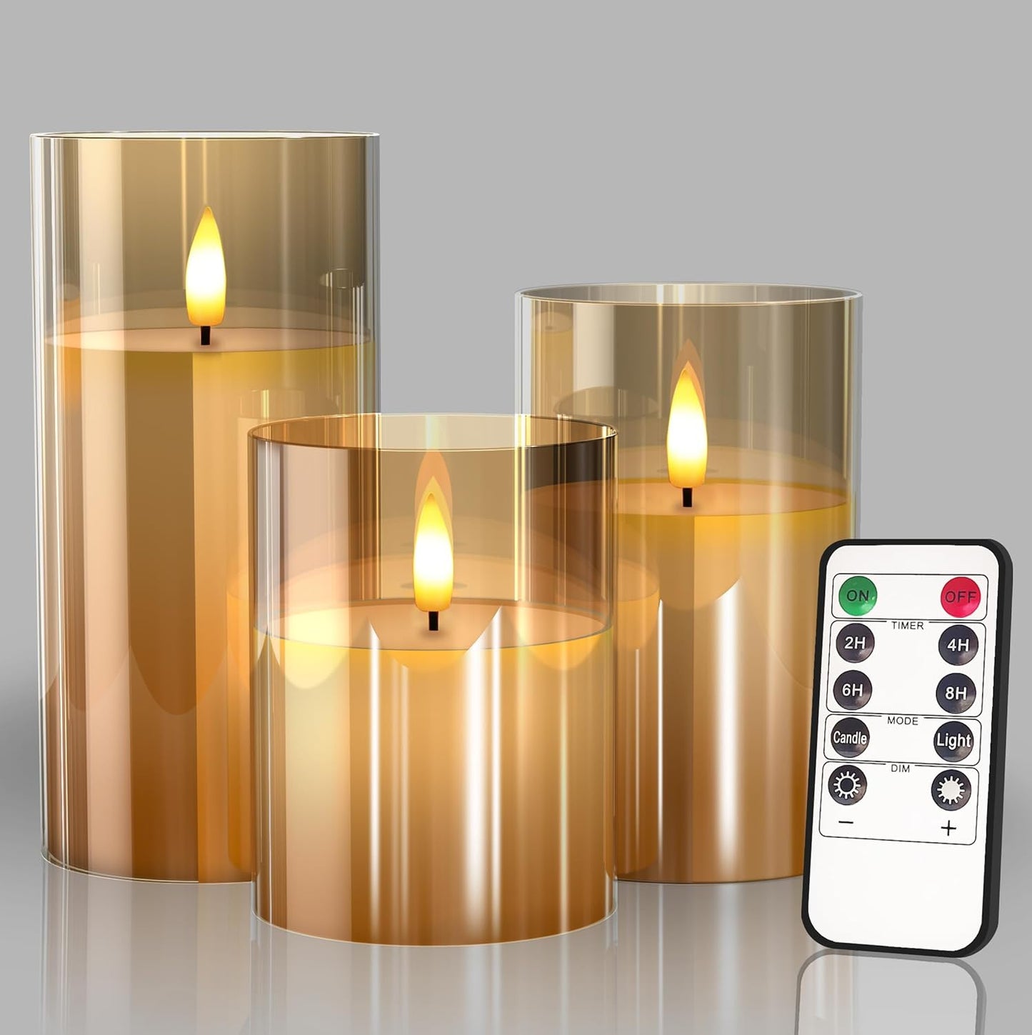Set of 3 Flameless LED Pillar Candles with Remote Control – Gold Glass Candle Holders