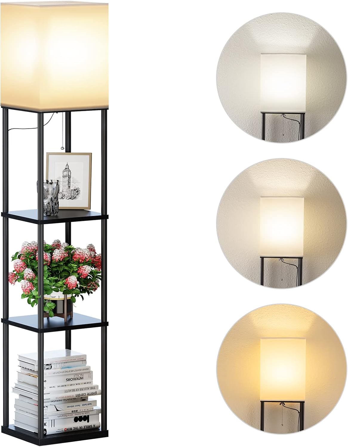 Modern 3-Tier Floor Lamp with Shelves, Black Metal Frame & Fabric Shade