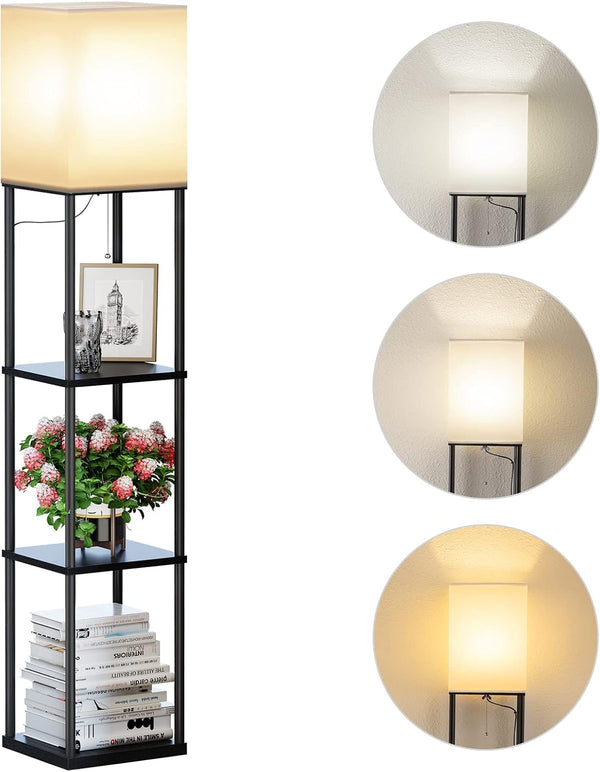 Modern 3-Tier Floor Lamp with Shelves, Black Metal Frame & Fabric Shade