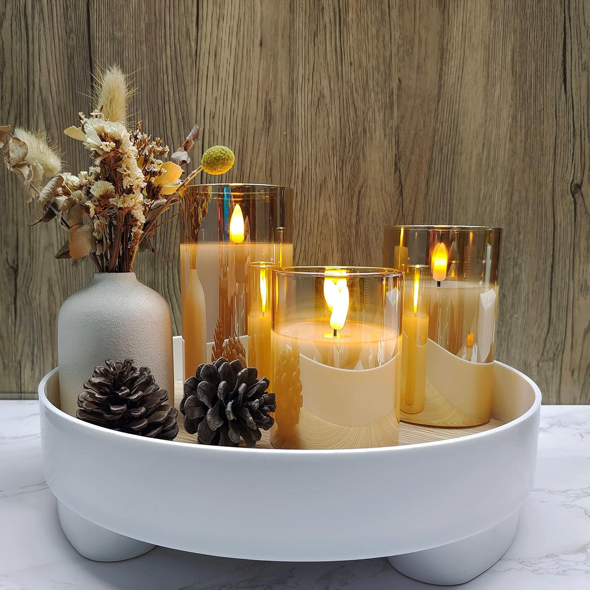 Set of 3 Flameless LED Pillar Candles with Remote Control – Gold Glass Candle Holders