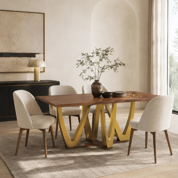 Modern Luxury Dining Table Set with Upholstered Dining Chairs – Wooden Top & Gold Geometric Base