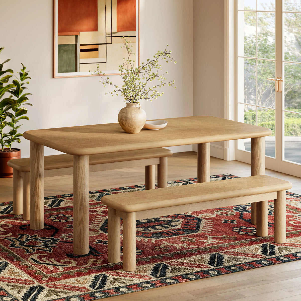 Modern Solid Wood Dining Table Set with 2 Benches – Natural Oak Finish Kitchen & Dining Furniture