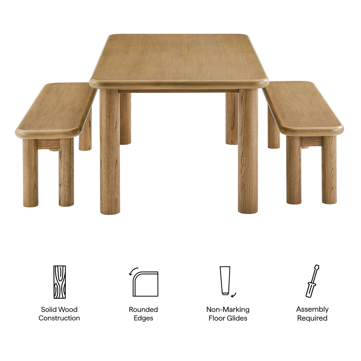Modern Solid Wood Dining Table Set with 2 Benches – Natural Oak Finish Kitchen & Dining Furniture