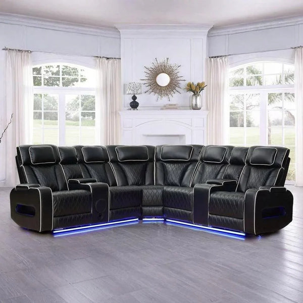 Luxury Black Leather Reclining Sectional Sofa with LED Lighting