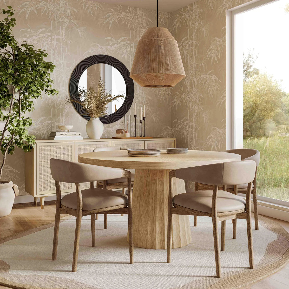 Modern Round Dining Table Set with 4 Upholstered Chairs – Natural Wood