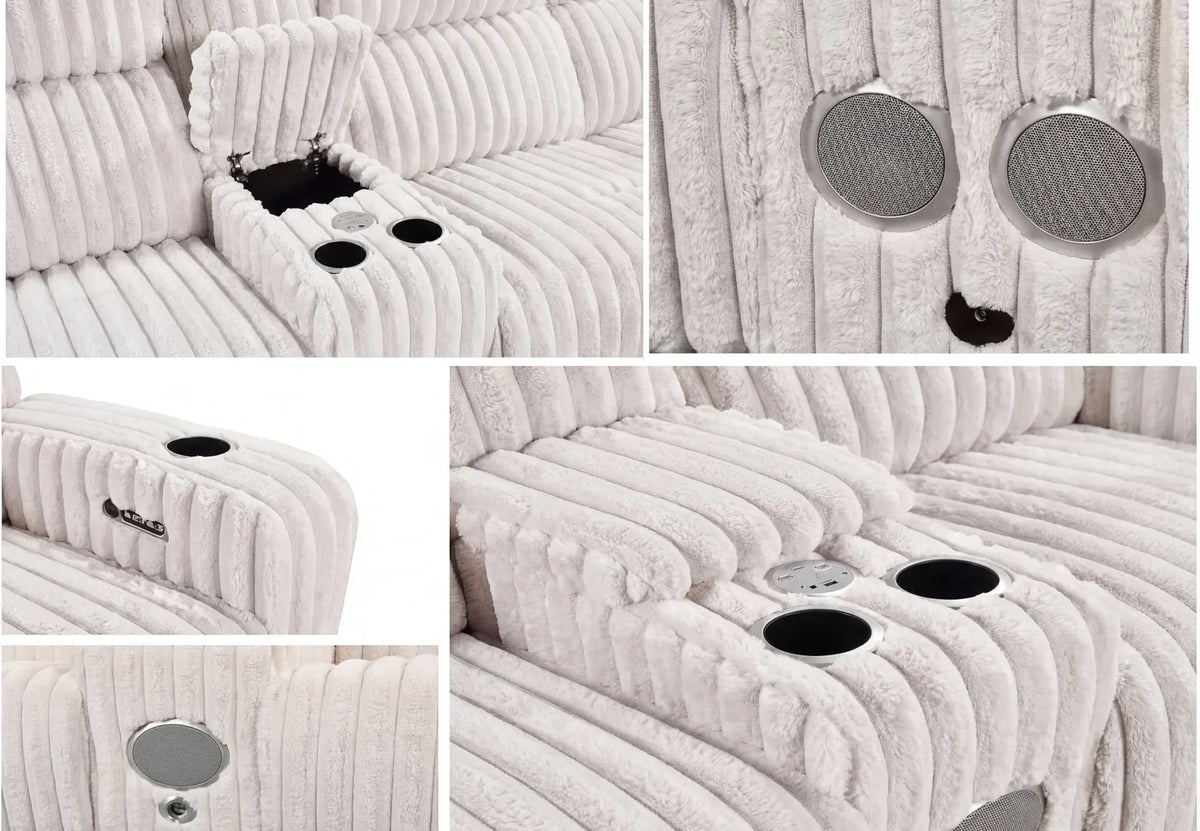 Luxury Plush Reclining Sofa Set – 7-Seater Cream Corduroy Living Room Furniture Set