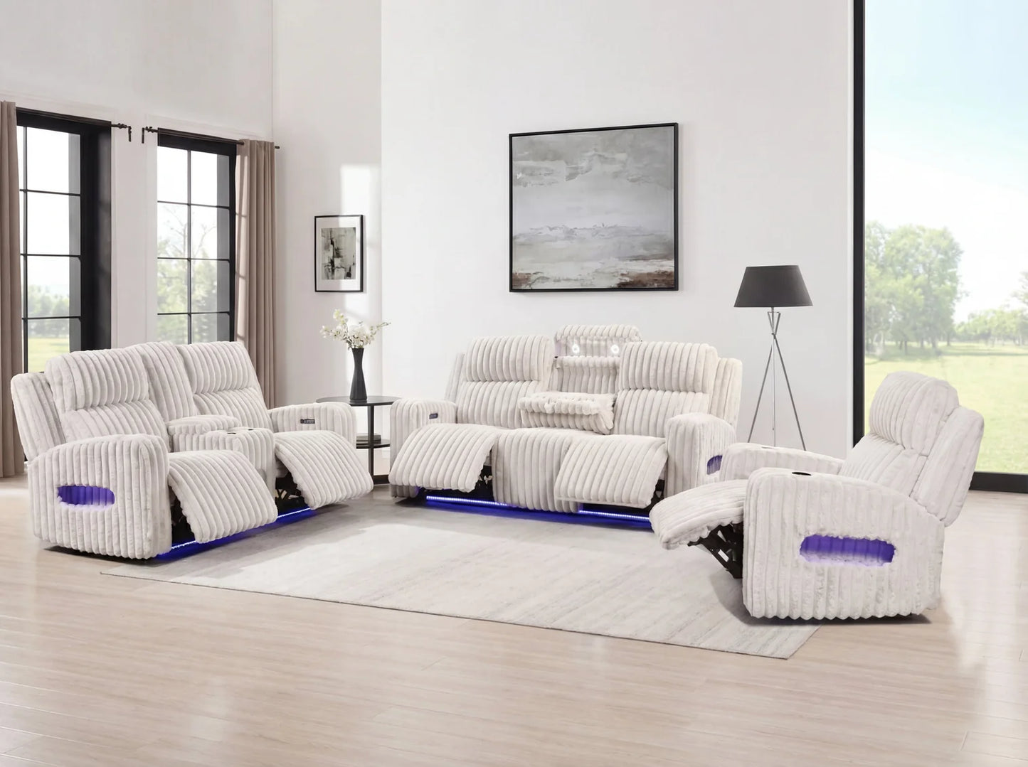Luxury Plush Reclining Sofa Set – 7-Seater Cream Corduroy Living Room Furniture Set