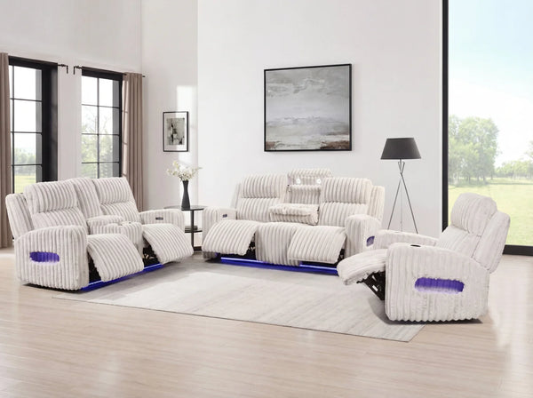 Luxury Plush Reclining Sofa Set – 7-Seater Cream Corduroy Living Room Furniture Set