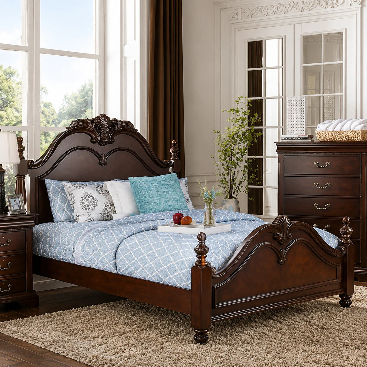 Luxury Classic Wooden Bedroom Furniture Set – King Size Bed, Nightstands, Dresser & Mirro
